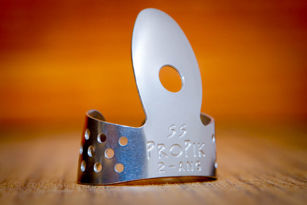 ProPik Stainless Steel Fingerpicks single wrap  angled front
